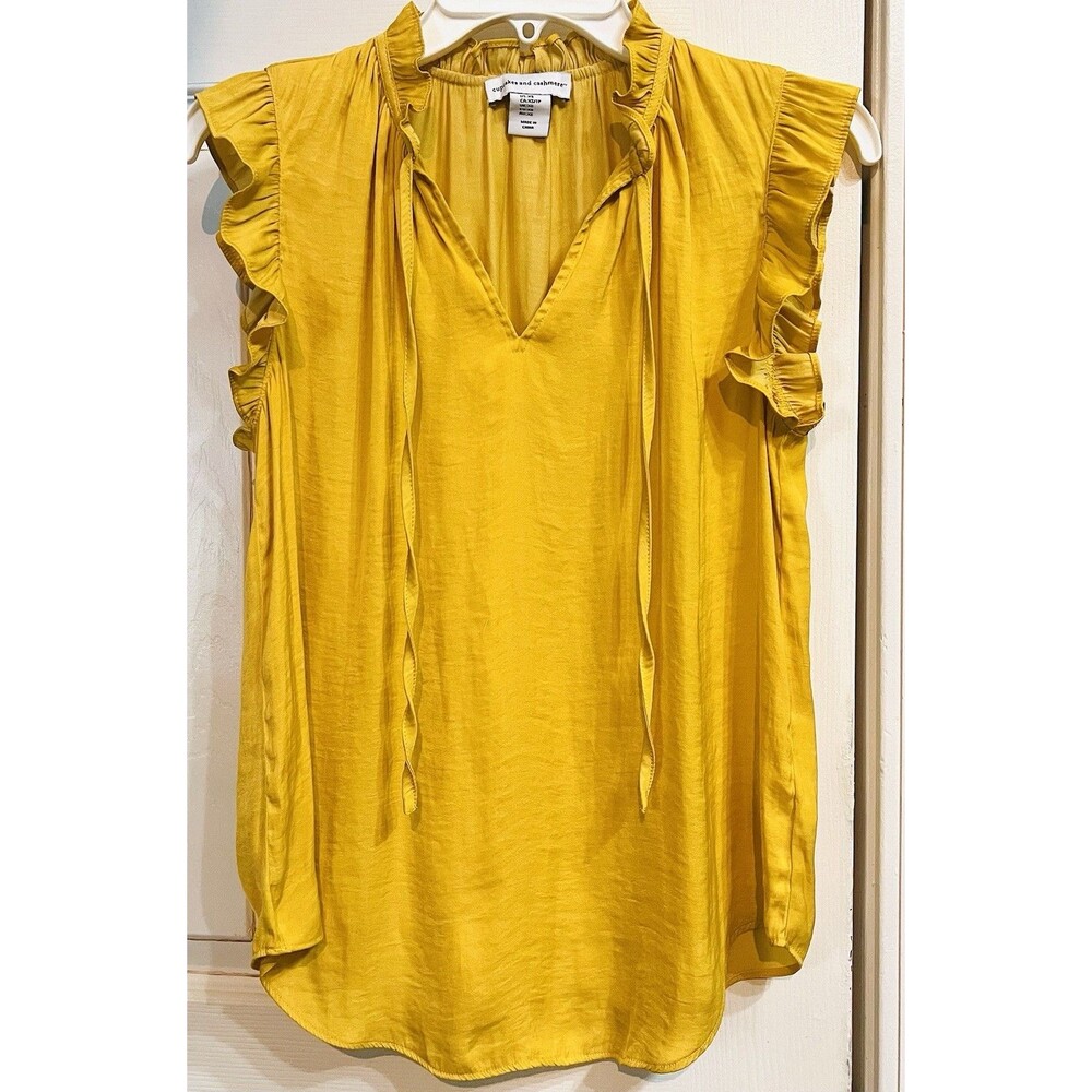 Cupcakes and Cashmere Yellow Satin Keyhole Ruffle Tie Neck Blouse Women’s XS